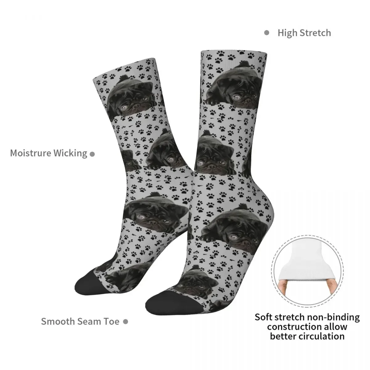 Adorable Black Pug Socks Harajuku Sweat Absorbing Stockings All Season Long Socks Accessories for Man's Woman's Gifts