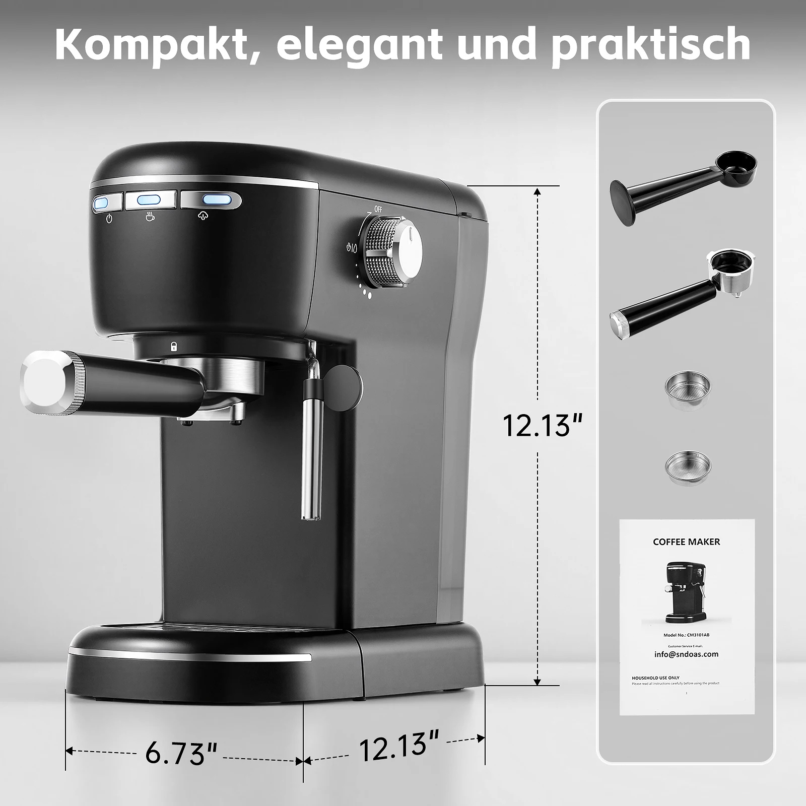 15 Bar 1,2 l abnehmbarer Tank, kompakte Cappuccino-/Latte-Maschine, Edelstahl, 1100 W, schwarze Espresso-Kaffeemaschine – Detail 8