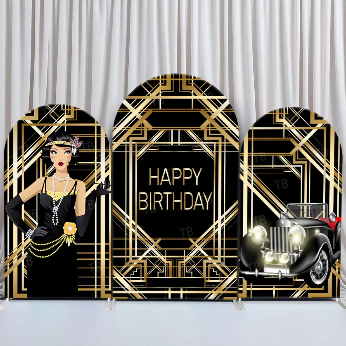 

TB Black and Gold Arch Backdrop Cover Flapper Girl and Vintage Car for Birthday Party Wedding Art Decor Fabric Photo Background