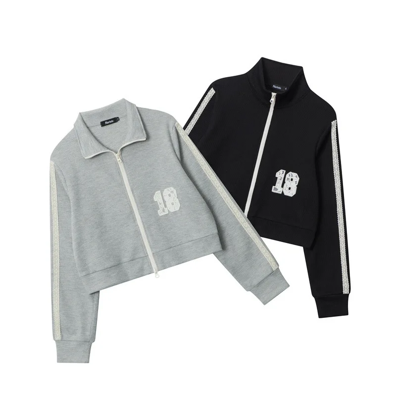 

2026 Spring Autumn Sticker Embroidered Double Zipper Fashion Trendy New Loose Front Shoulder Short Coat Women Loose Sprot Jacket