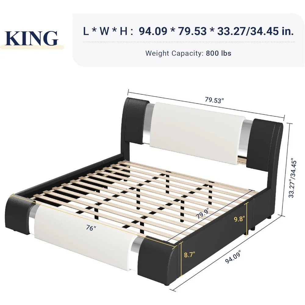 إطار سرير منجد من الجلد الصناعي مزين بالحديد مع لوح أمامي قابل للتعديل ودعم خشبي قوي لحجم الملكة