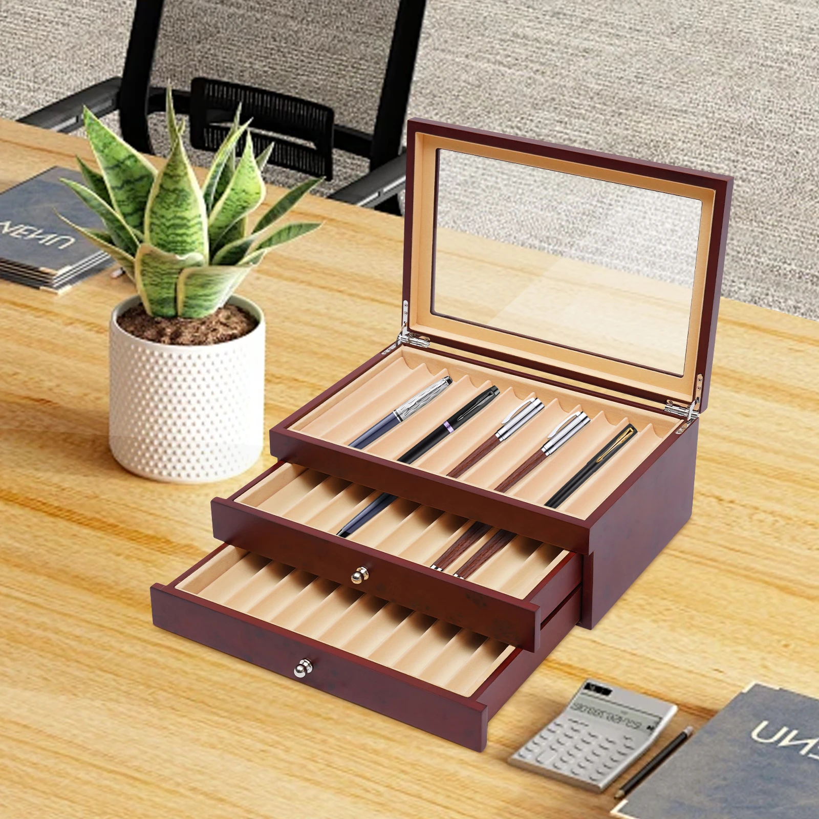

3-Tier Pen Display Box, Retro Wooden Storage Box, 34 Pen Organizer Box, Pen Collector Organizer Box, 31*21*12.5 cm
