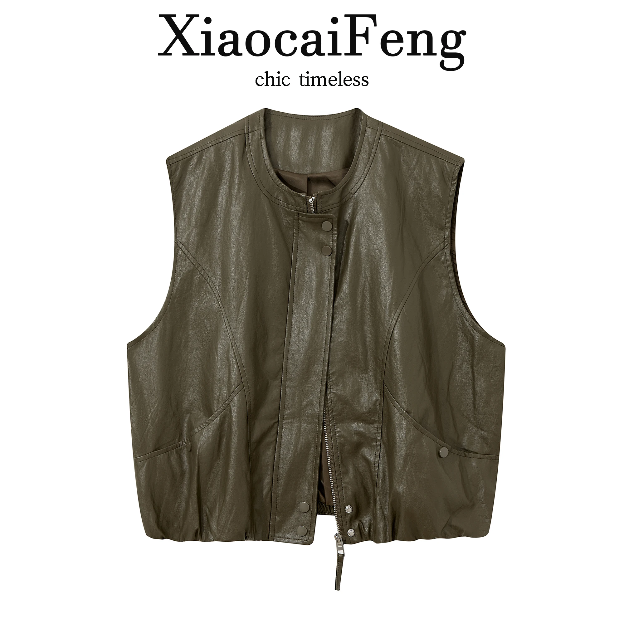 High-End round Neck Zipper PU Leather Jacket Motorcycle Style Vest Women's Loose Sleeveless Shoulder Pad Autumn Outerwear