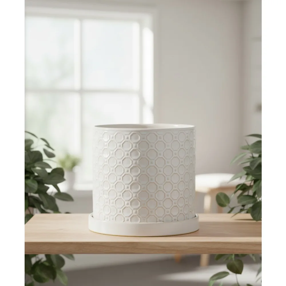 زارع سيراميك مقاس 8 بوصة مع فتحة تصريف وصحون للنباتات الداخلية والخارجية - وعاء زهور أبيض حديث