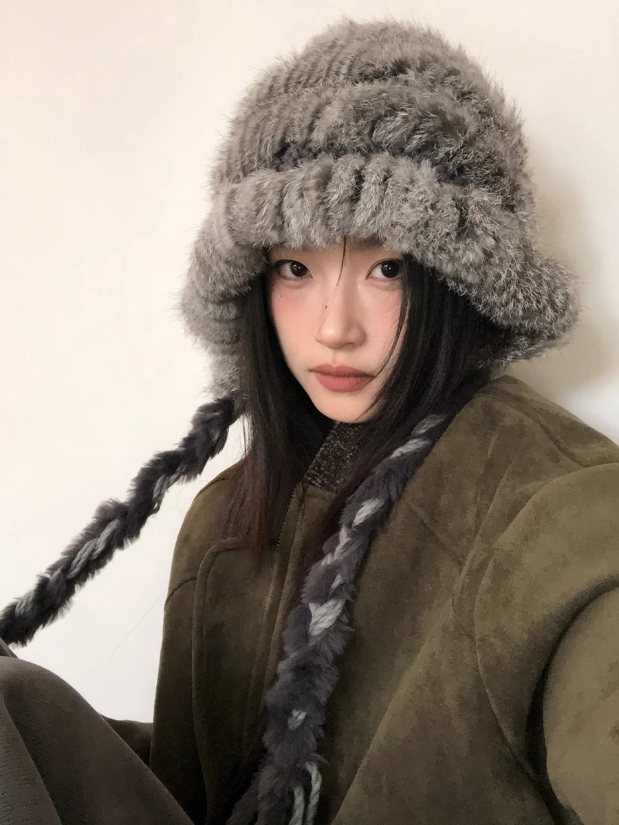 Rabbit Hair Mixed Wool Hat For Women Autumn And Winter Style Thickened And Warm Knitted Hat Cold-Proof And Ear-CoveringEd Hat