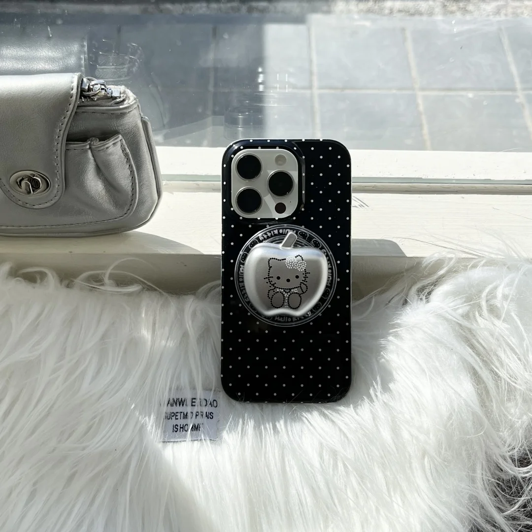 블랙 화이트 폴카 도트 무선 충전 전화 케이스 아이폰 17 16 15 14 13 프로 맥스용 스탠드 홀더 포함 마그세이프용