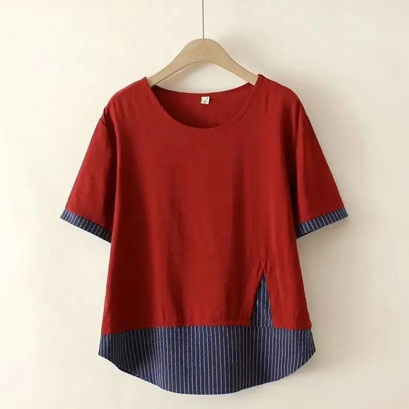2023 New Summer Fashion Trend Art Retro Simple Round Neck Spliced Stripes Casual Loose Comfortable Versatile Women's T-shirt