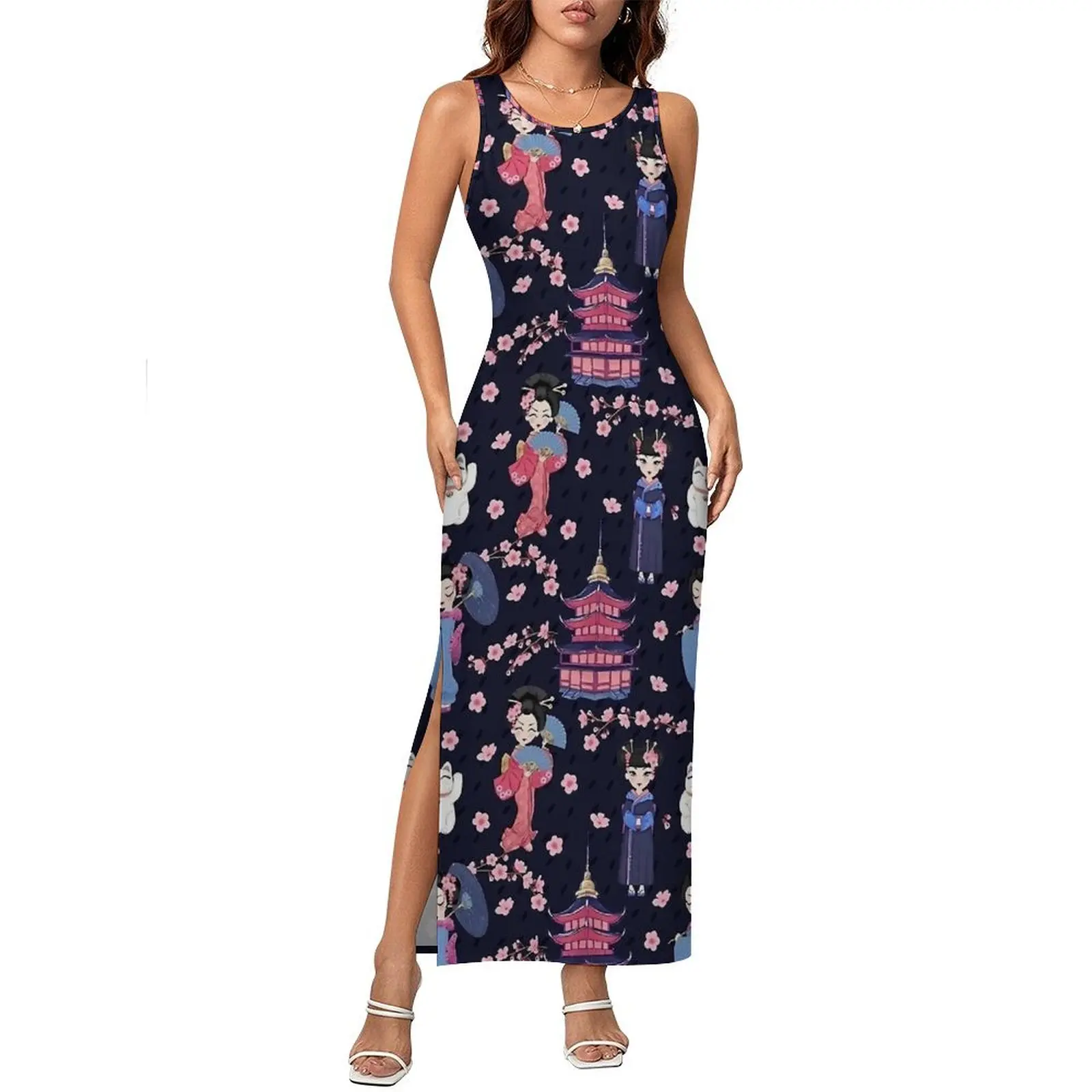 Schattige Japanse poppen marineblauwe jurk Mouwloze retro maxi-jurken Vakantie Street Fashion Design Bodycon-jurk Groot formaat 3XL 4XL