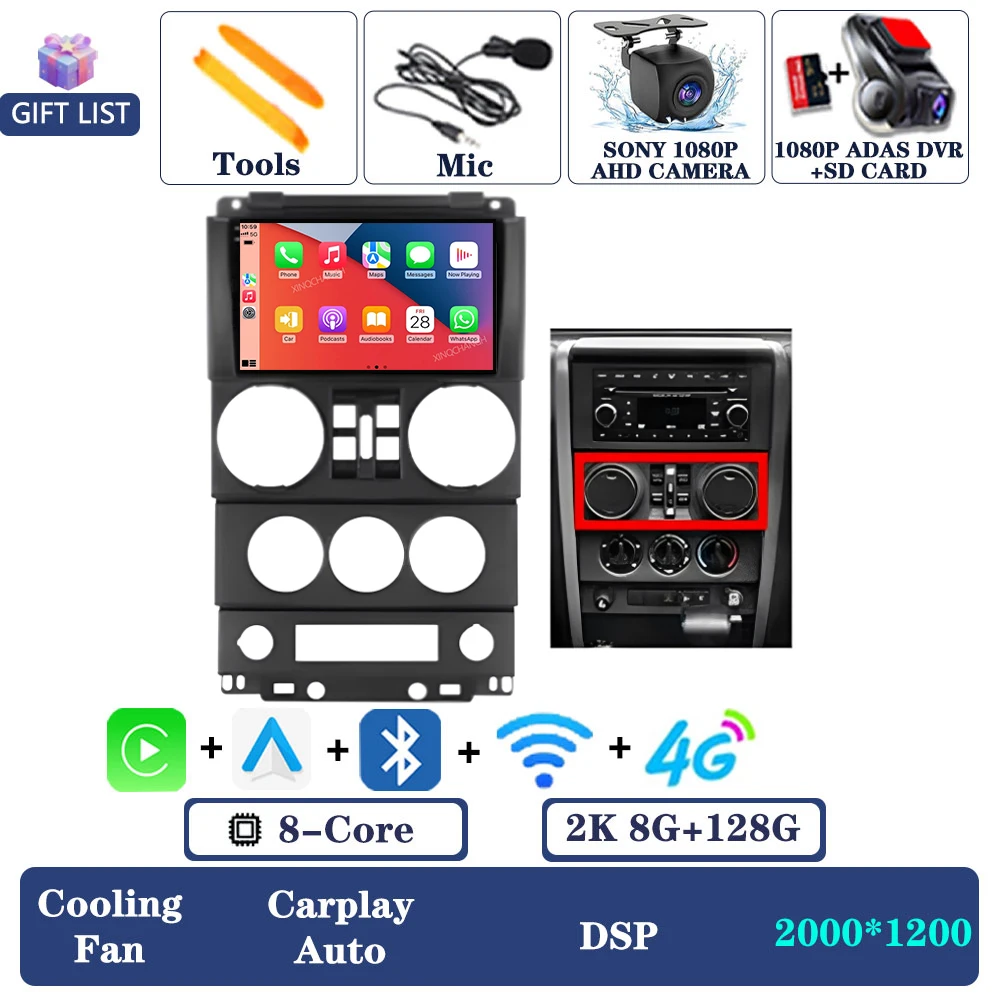 Android 16 autoradio voor Jeep Wrangler 3 JK 2008 - 2010 QLED multimediasysteem videospeler 2DIN Qualcomm 4G LTE 5G WIFI BT GPS