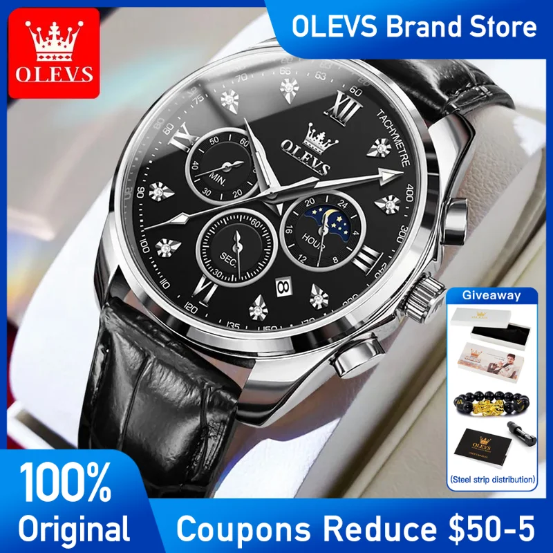 

OLEVS Mens Watch luxury Quartz Watch Leather Strap Waterproof Luminous Moon Phase Men's Wristwatch Brand Three small dials Reloj