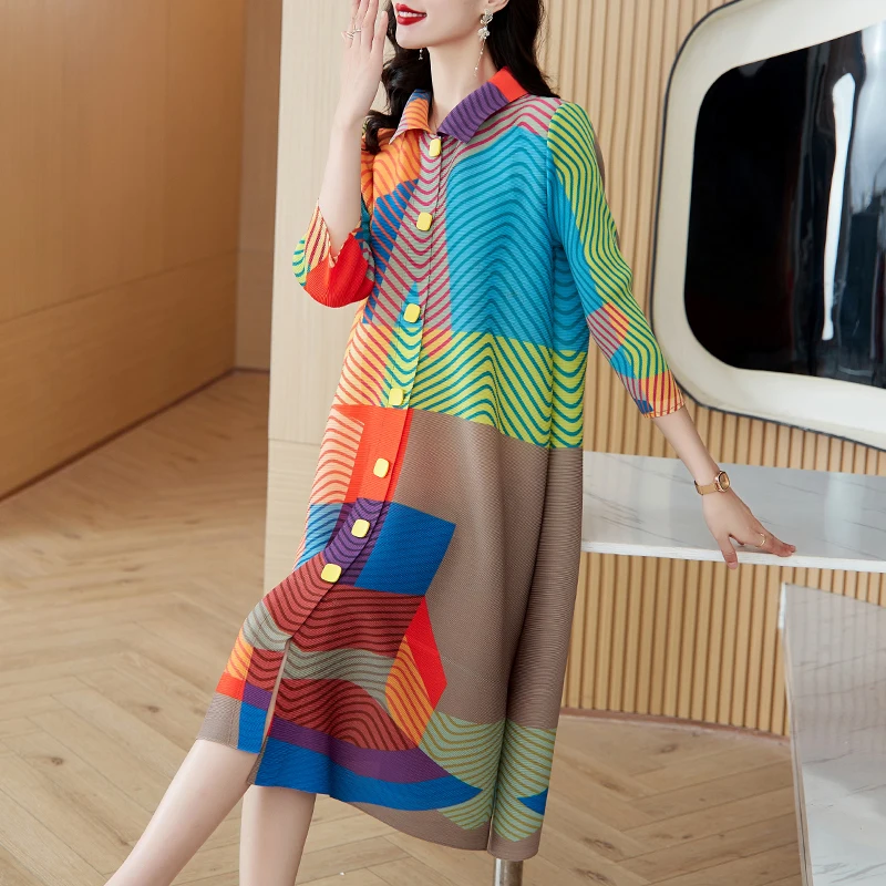 

Повседневный irt Dr, весна-осень, новый свободный большой размер, плиссированный открытый кардиган с принтом, весенняя вибрационная юбка, полиэфирное волокно