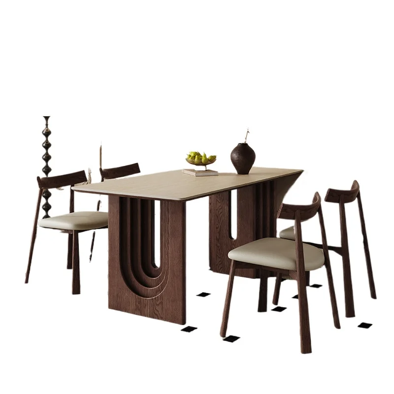 Solid wood rock slab dining table, rectangular modern simple walnut color home retro style wabi sandy