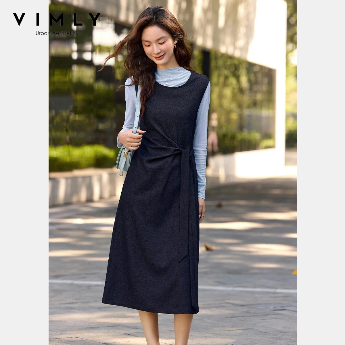 

VIMLY Navy Blue Matching Set Woman's Outfits 2026 Spring Autumn Long Sleeve Mesh T-Shirt Tank Dress Ladies 2 Piece Set A3811