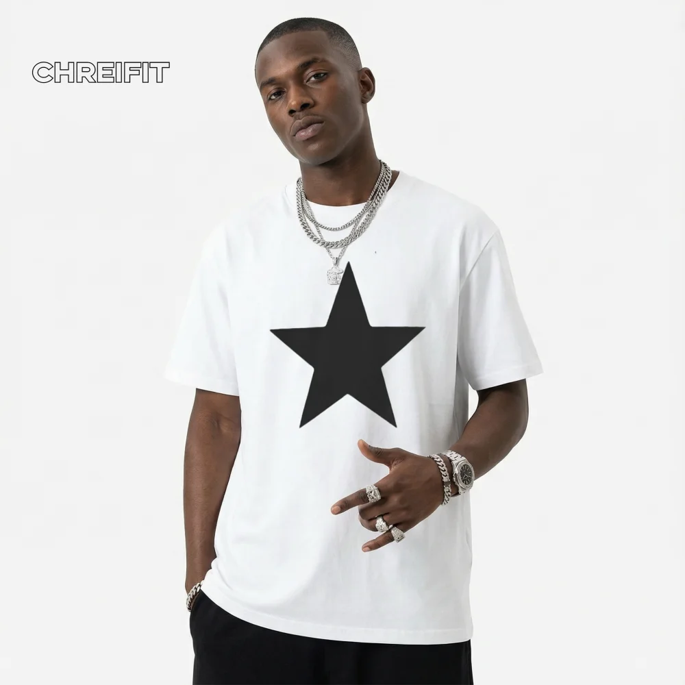 

Men's White T-Shirt with Big Star Print 2024 Oversized Casual Streetwear Tee Fashion Trendy Graphic Top for Men
