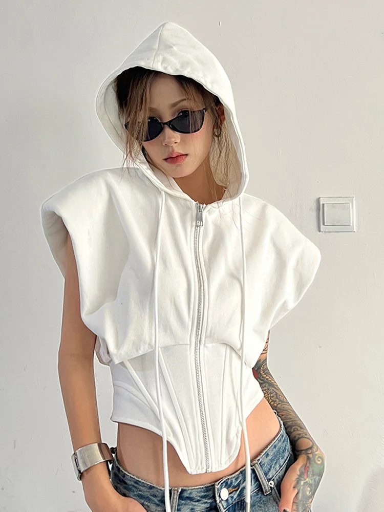 [MODX]  White Short Waistband Sweatshirt Loose Fit New Hooded Sleeveless Women Big Size Fashion Tide Spring Autumn 2024