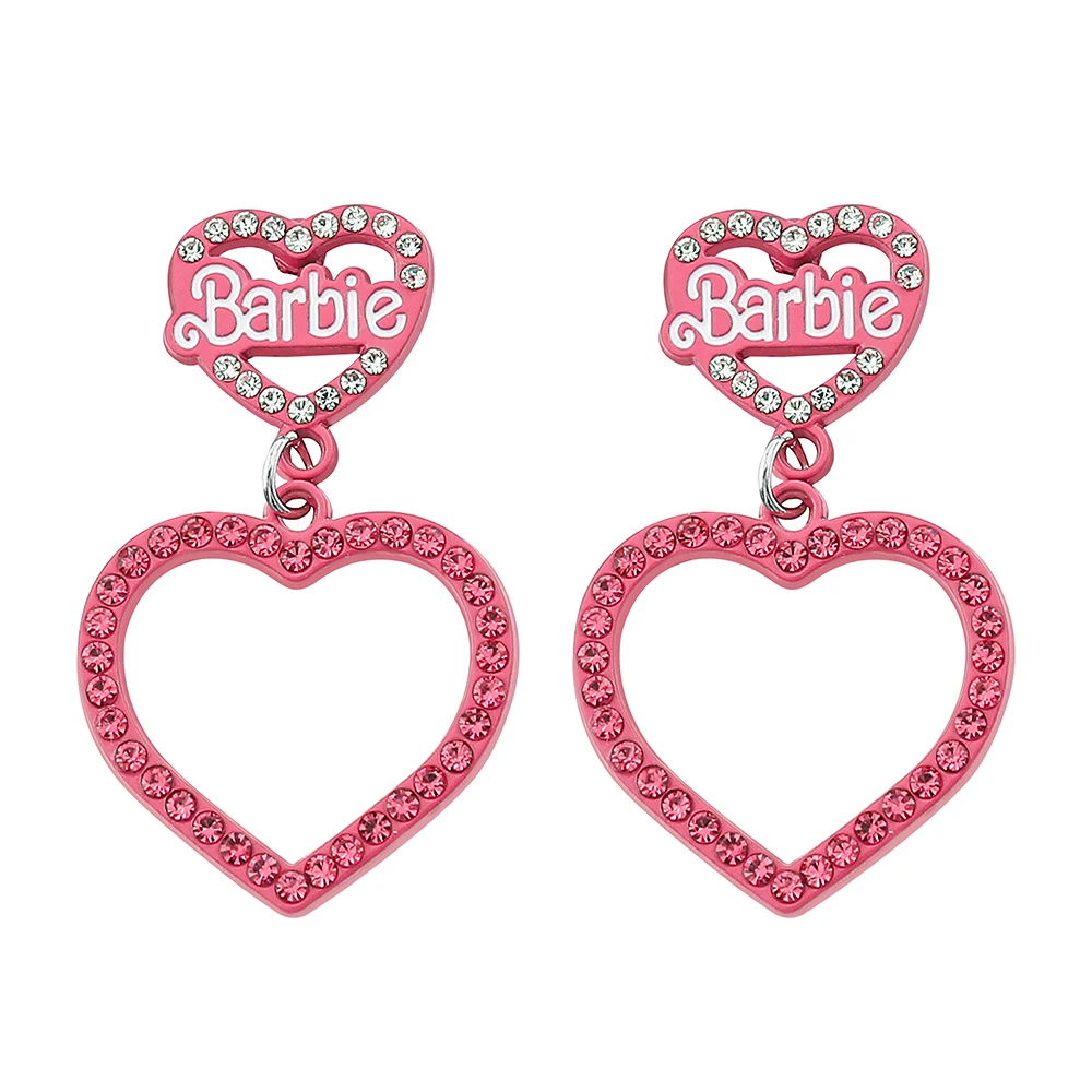 Disney Barbie Princess Earring Crystal Inlay Pink Sweet Double Heart Eardrop Women Girls Cute Trend Accessories Party Jewelry