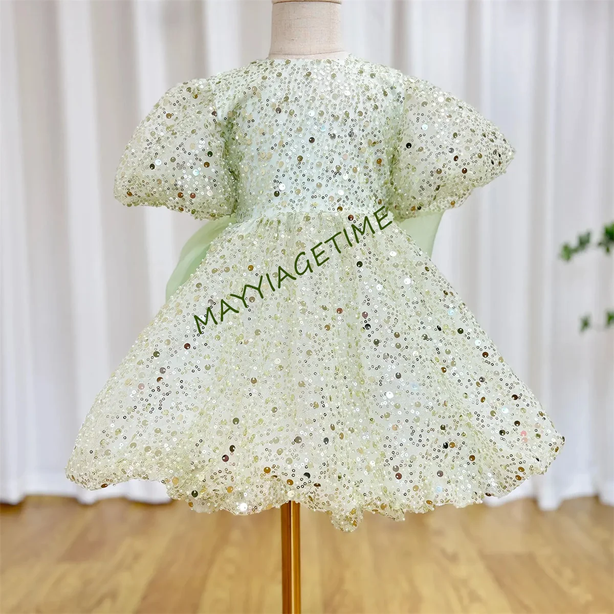 Luxo elegante brilhante sage menina vestido arco princesa bebê crianças casamento festa de aniversário vestido primeira comunhão pageant