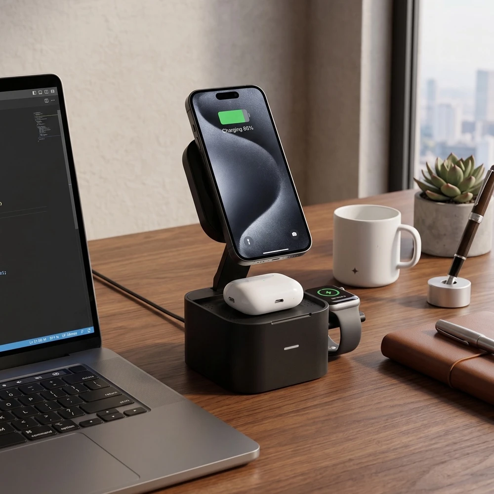25W Qi2.2 3in1 Magnetic Wireless Charging Station Retractable Cord Cube support MagSafe For iPhone 17 16 Pro Max Watch AirPods