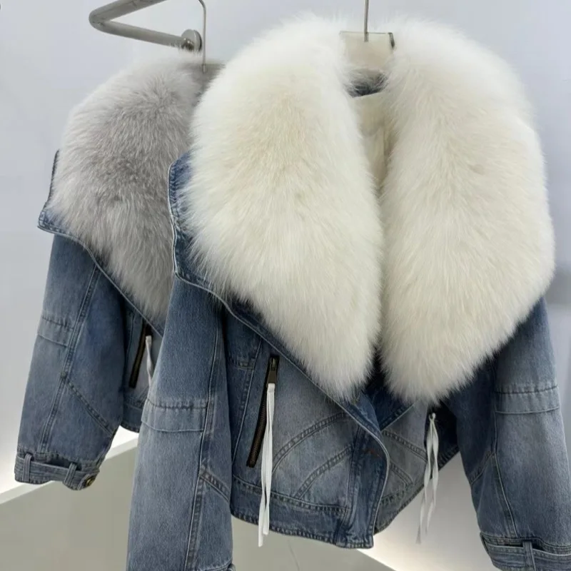 

European 2023 Winter New Fox Fur Big Fur Collar Denim Down Jacket Short Casual White Goose Down Warm Jacket Women Parka