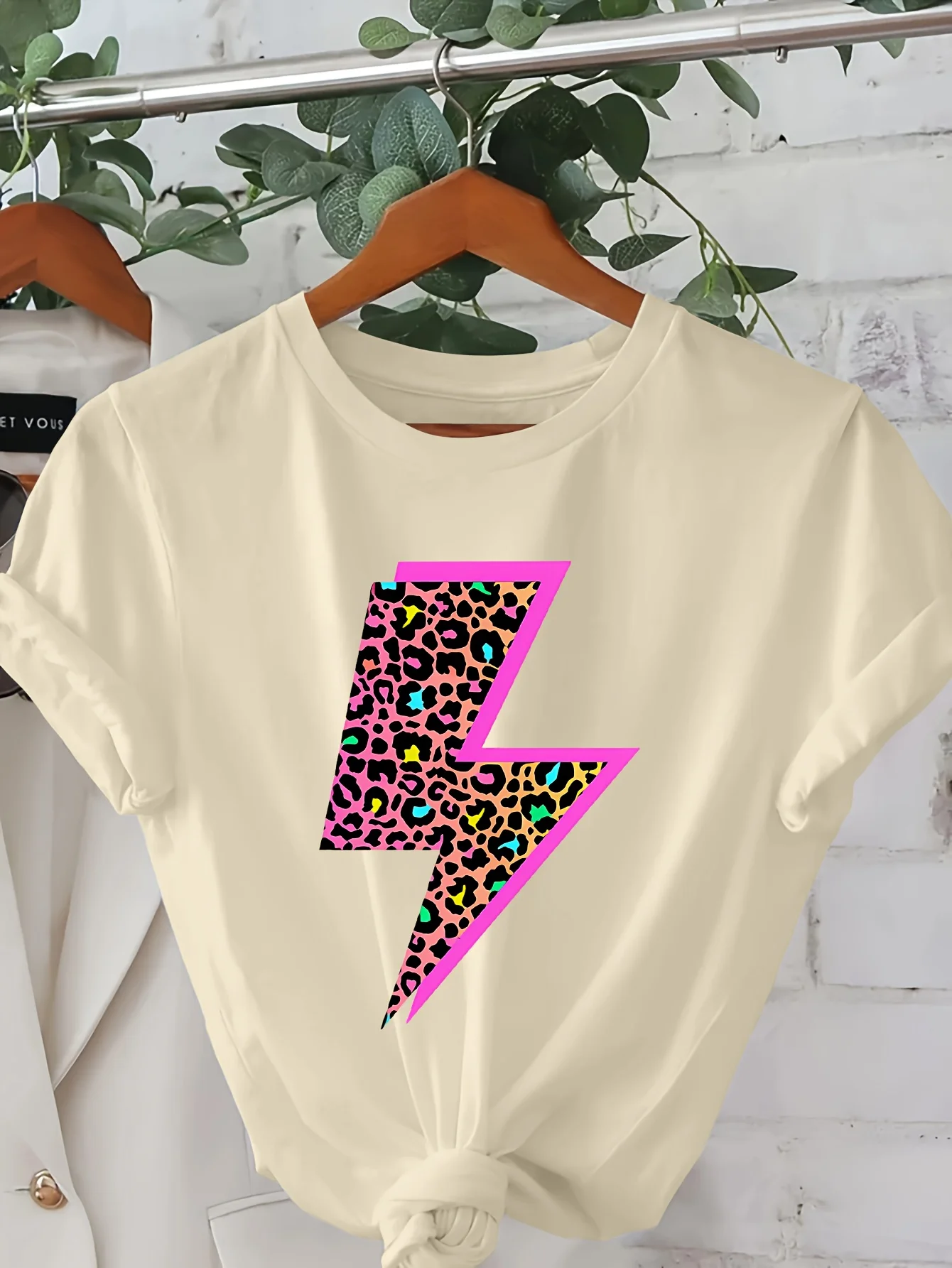 Cheetah and Neon Lightning Pattern Print T-shirt Short Sleeve Round Neck Casual Tees Tops Graphic T Shirt Clothes Outfit Female