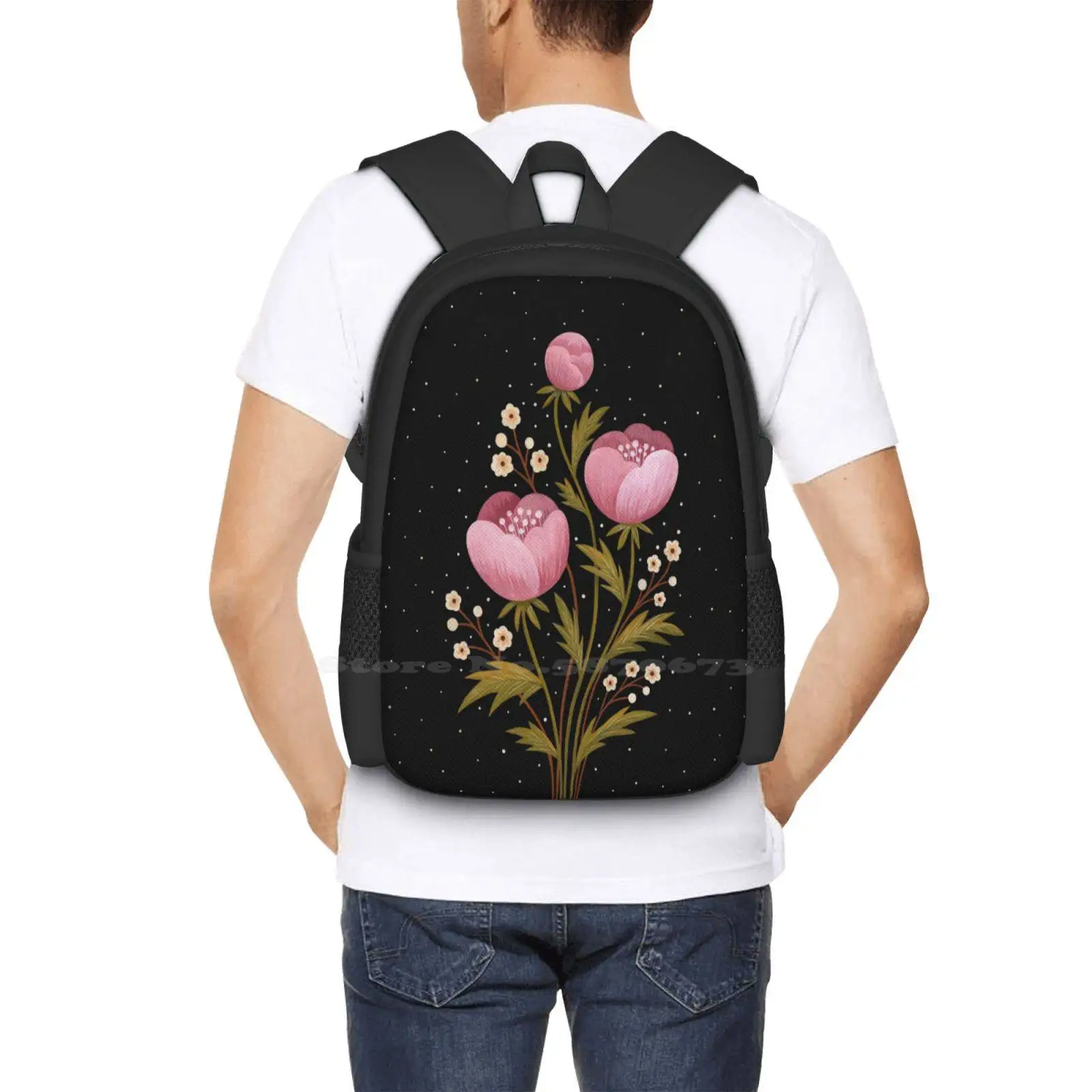 Mochila De Viaje con diseño de flores en la oscuridad, bolso escolar para portátil, flores Gouache, ramo de flores florecientes florales