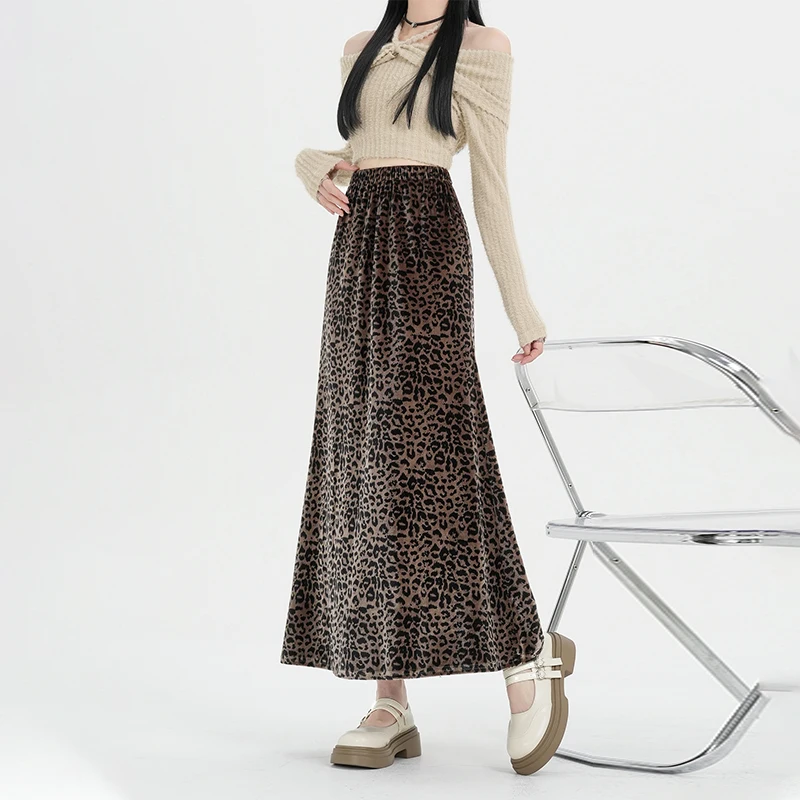 Autumn Winter Leopard Print Velvet Skirt Women's Retro Elastic High Waisted All-Match Party Midi Long Skirt