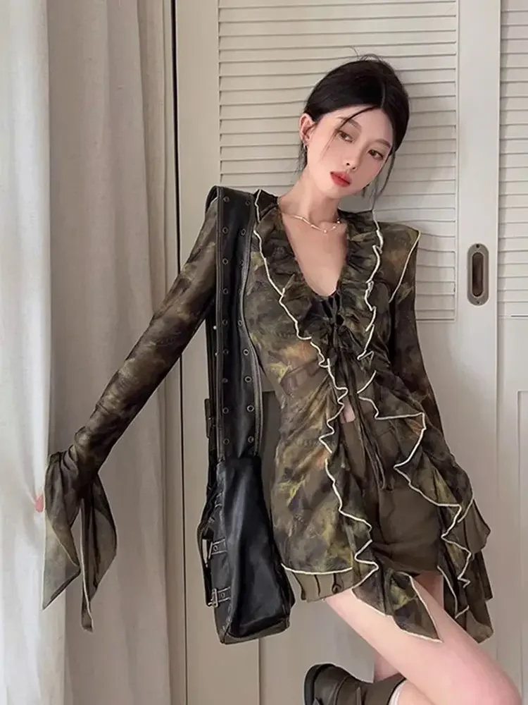 フリル V ネックフレアスリーブ女性シャツスリムヴィンテージ原宿ブラウス Y2k 美的タイダイグランジエレガント Blusas Mujer デモーダ