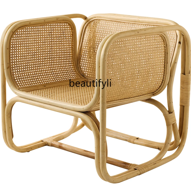 Nordic Style Single-Seat Sofa Chair Armchair Square Rattan Chair Hand-Woven