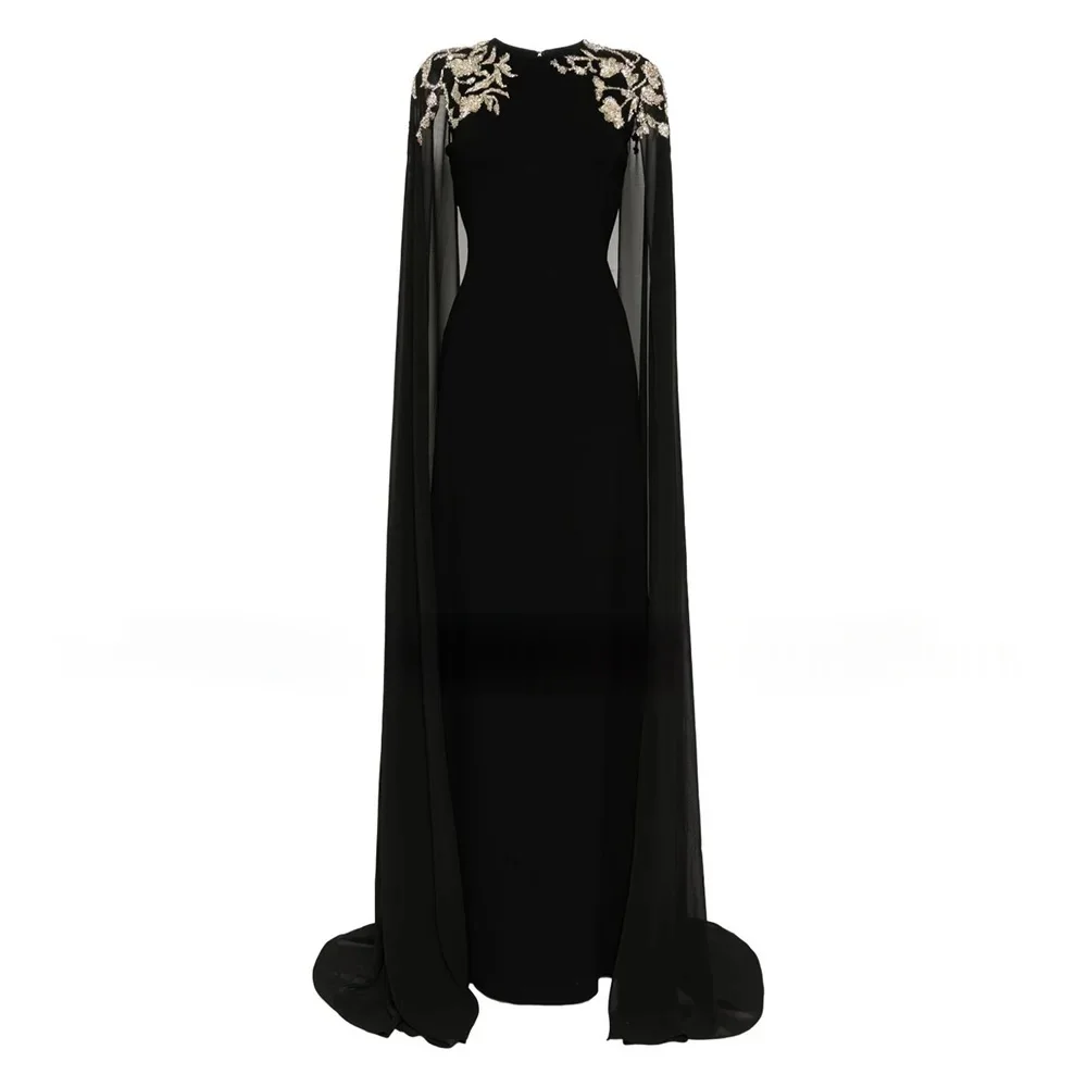 ثوب مسائي فاخر برقبة دائرية وأكمام كيب مزين فستان ماكسي مناسب لحفلات الزفاف فستان رسمي للحفلات للنساء