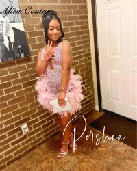 Cute Pink Diamonds Prom Dress 2024 For Black Girls Crystals Beading Feathers Birthday Party Homecoming Dress Cocktail