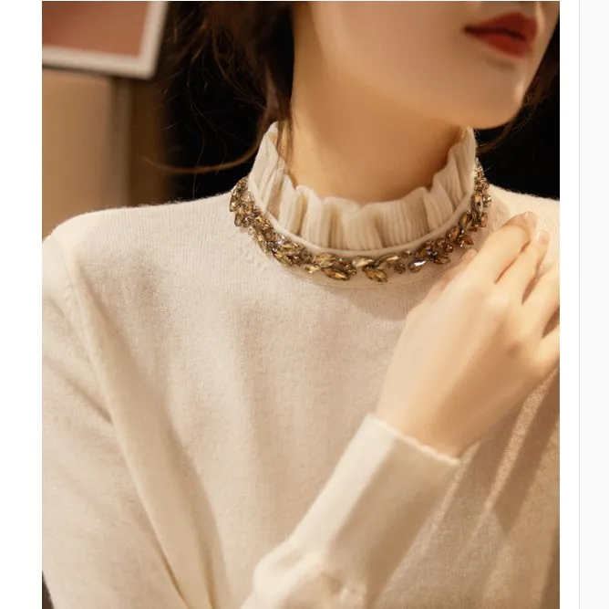 Diamonds Beaded Sweater Knitwear Women 2023 Spring Long Sleeve Half High Collar Pullover Solid Elegant All Match Ladies Jumpers