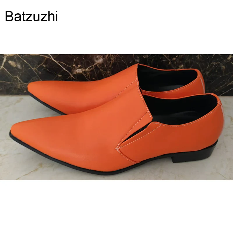 Batzuzhi Bright Color Orange Men Leather Dress Shoes Fashion Handmade Men's Shoes Pointed Toe Party and Wedding Shoes Male!