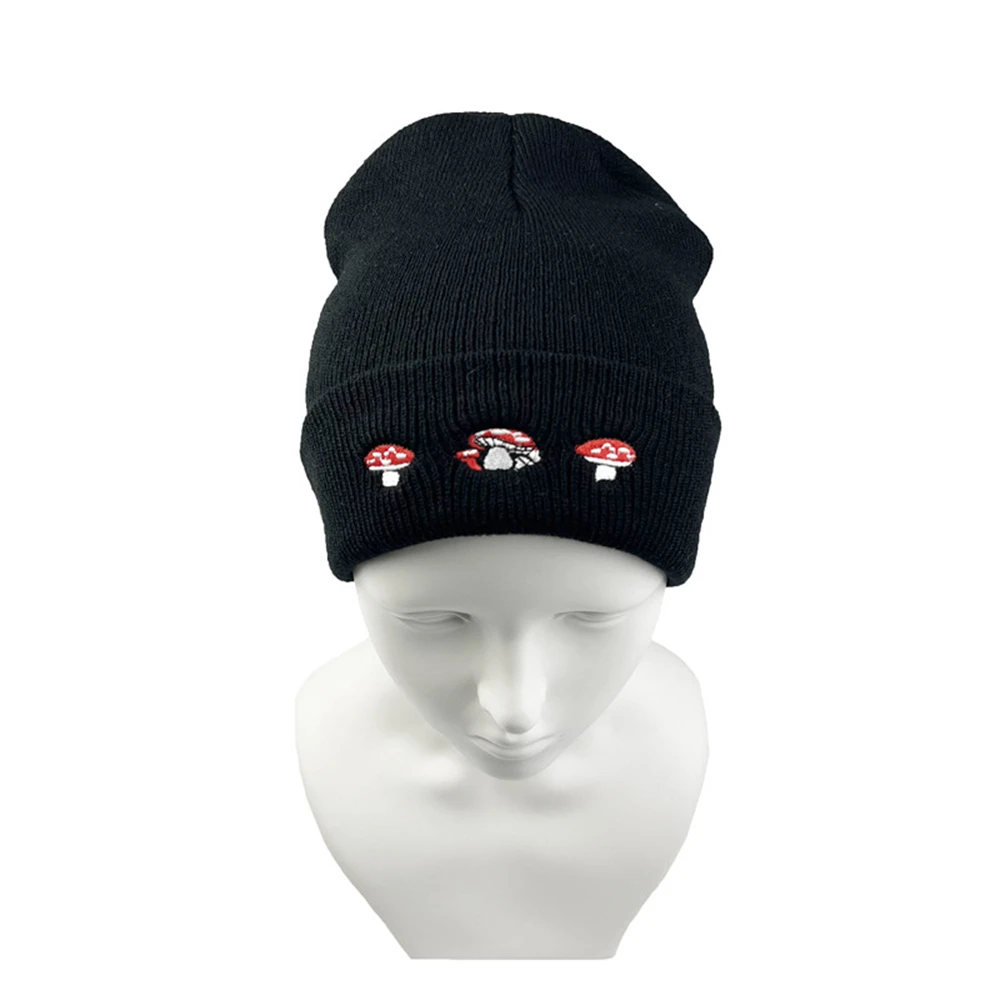 1pcs Fashion Knitted Hat Trendy New Cute Three Mushroom Embroidery Cap Couple Gift Outdoor Autumn And Winter Black White