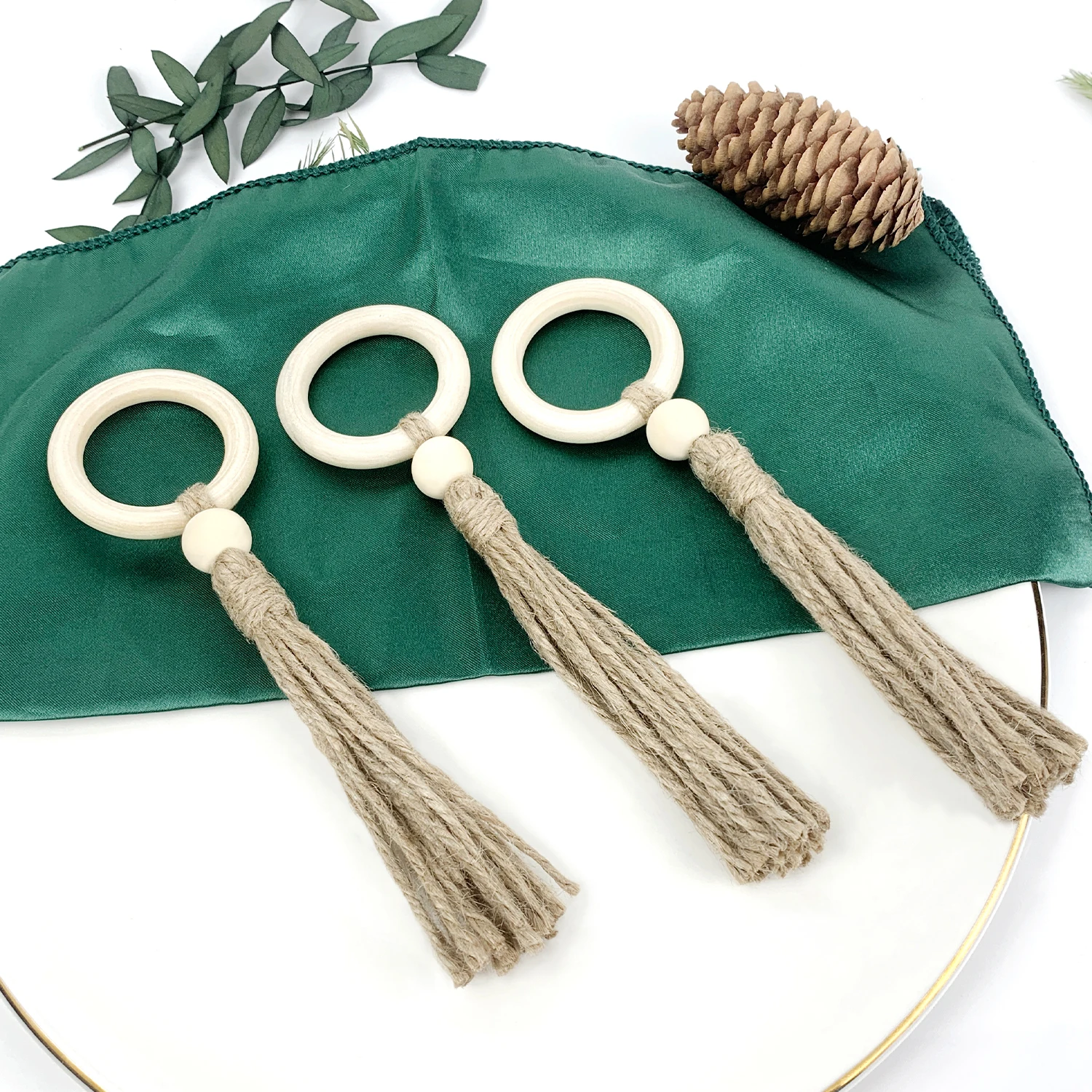12pc Wood Napkin Rings Rustic Farmhouse Wooden Napkin Ring with Tassel Beaded Napkin Ring Holder for Holiday Banquet Table Decor