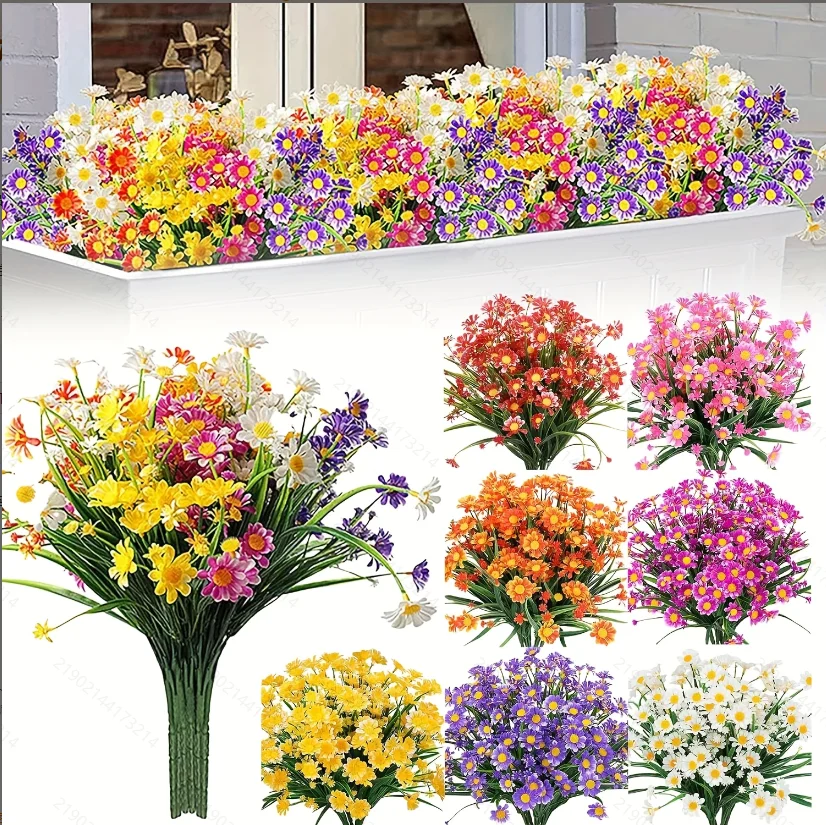 Flores Artificiales de Margaritas Resistentes a los Rayos UV para Exteriores, 2 Paquetes de Follaje Artificial, Plantas Artificiales, Arbustos de Plástico para Jardineras