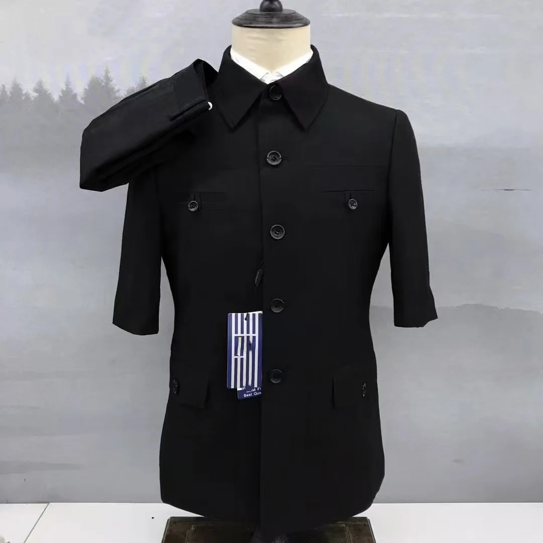 

2025 Custom Spring summer 7-point-sleeve Plaid wedding suits for mens half sleeve slim fit groom Chinese style black male Blazer