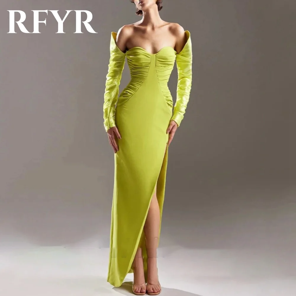 

RFYR Green Evening Dresses For Party Satin Off the Shoulder Pleats Long Mermaid Prom Gowns Split Celebrity Dresses Customized