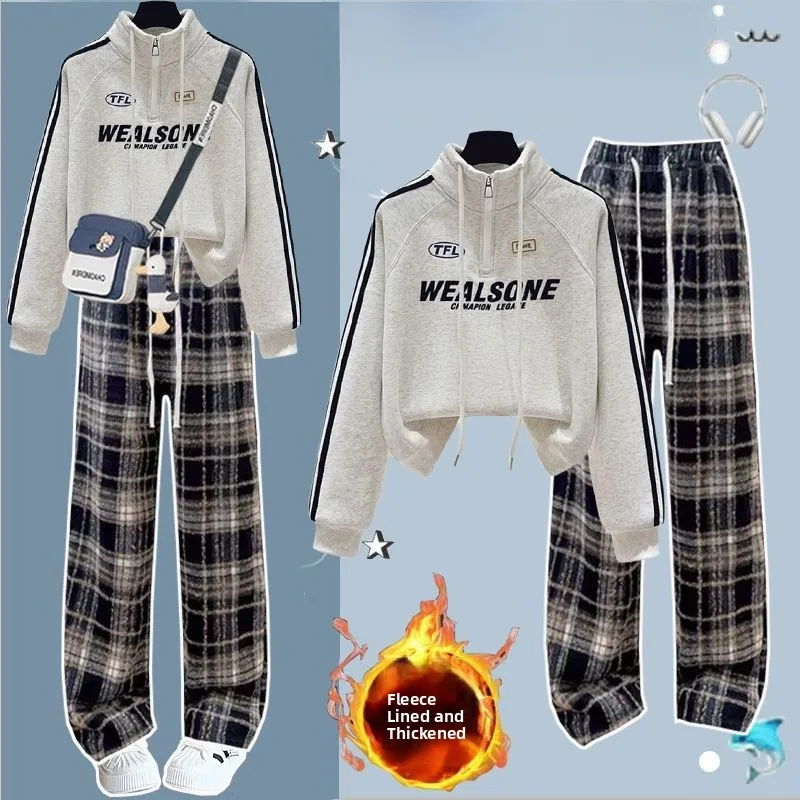 

American Sle Fce Lined Thiened Sweatirt Women's Loose All Match Stand Collar Winter Faion Set Casual Sle