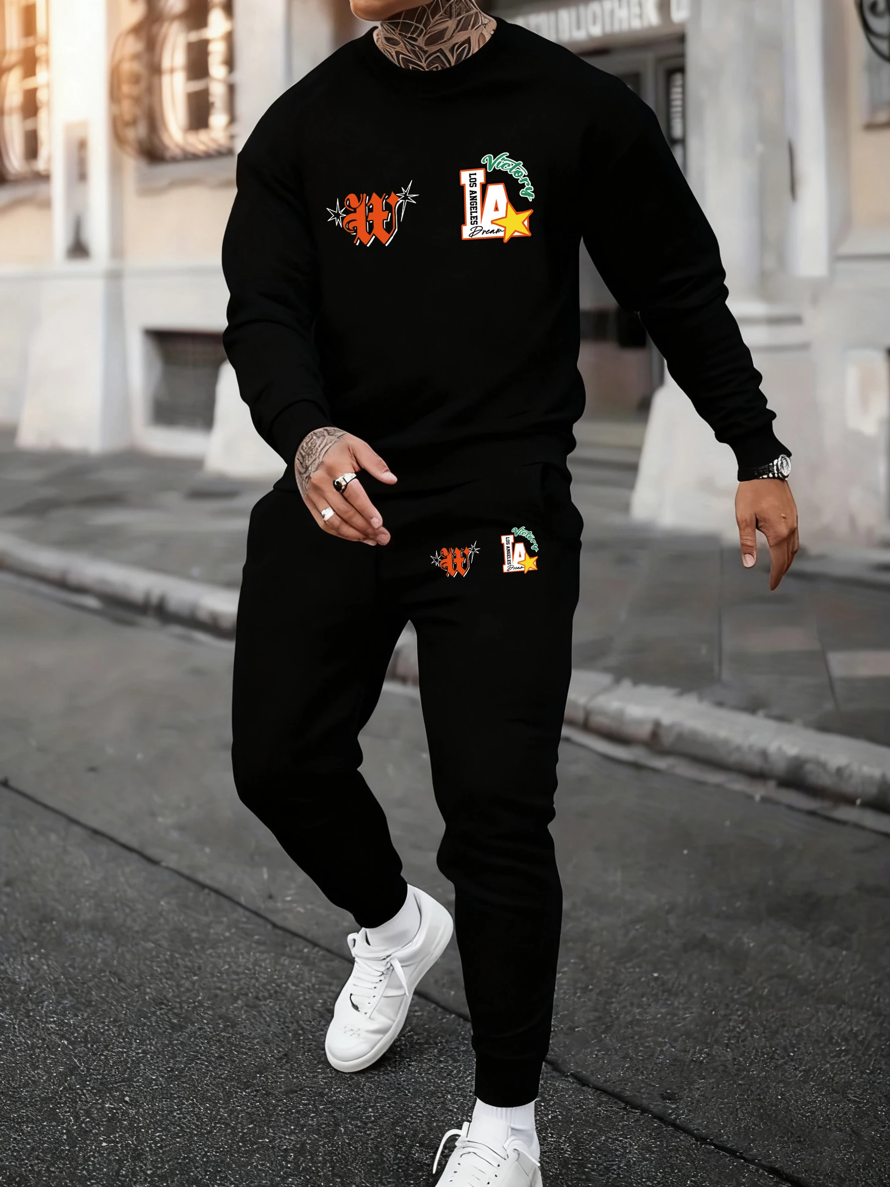 

Creative Letter Jersey Print Men Basics Comfy Sweatshirts 2 Piece Set Fleece Jogging Sportpants Autumn Winter Warm Streetwear