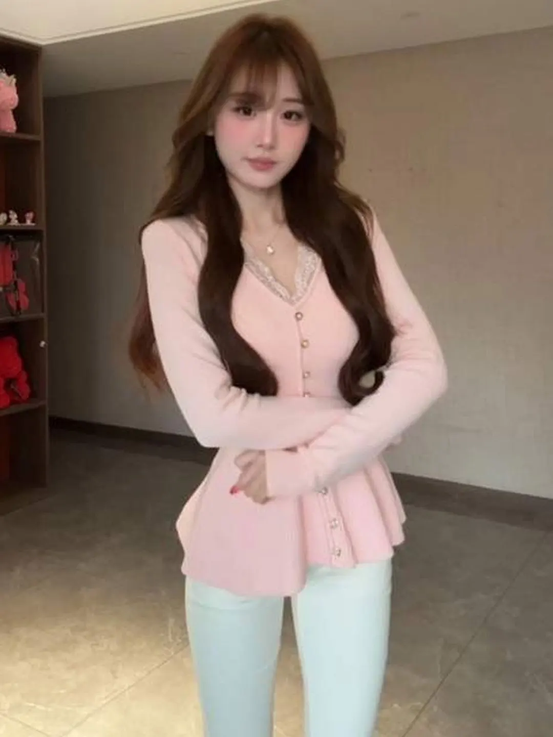 

Корейский вязаный топ с V-образным вырезом и утягивающим поясом, уникальный дизайн, длинный рукав, теплый, облегающий, во французском стиле, весенняя мода, женский топ