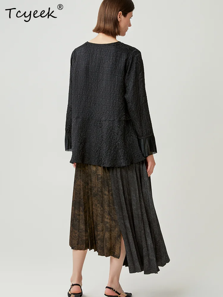 Tcyeek, 19MM 100% Jedwab Morwowy, Damska Koszula Żakardowa z Piwoniami, Dekolt w Serek, Modne Bluzki Projektantów, Wiosenne i Jesienne Topy 2024 T49904QM