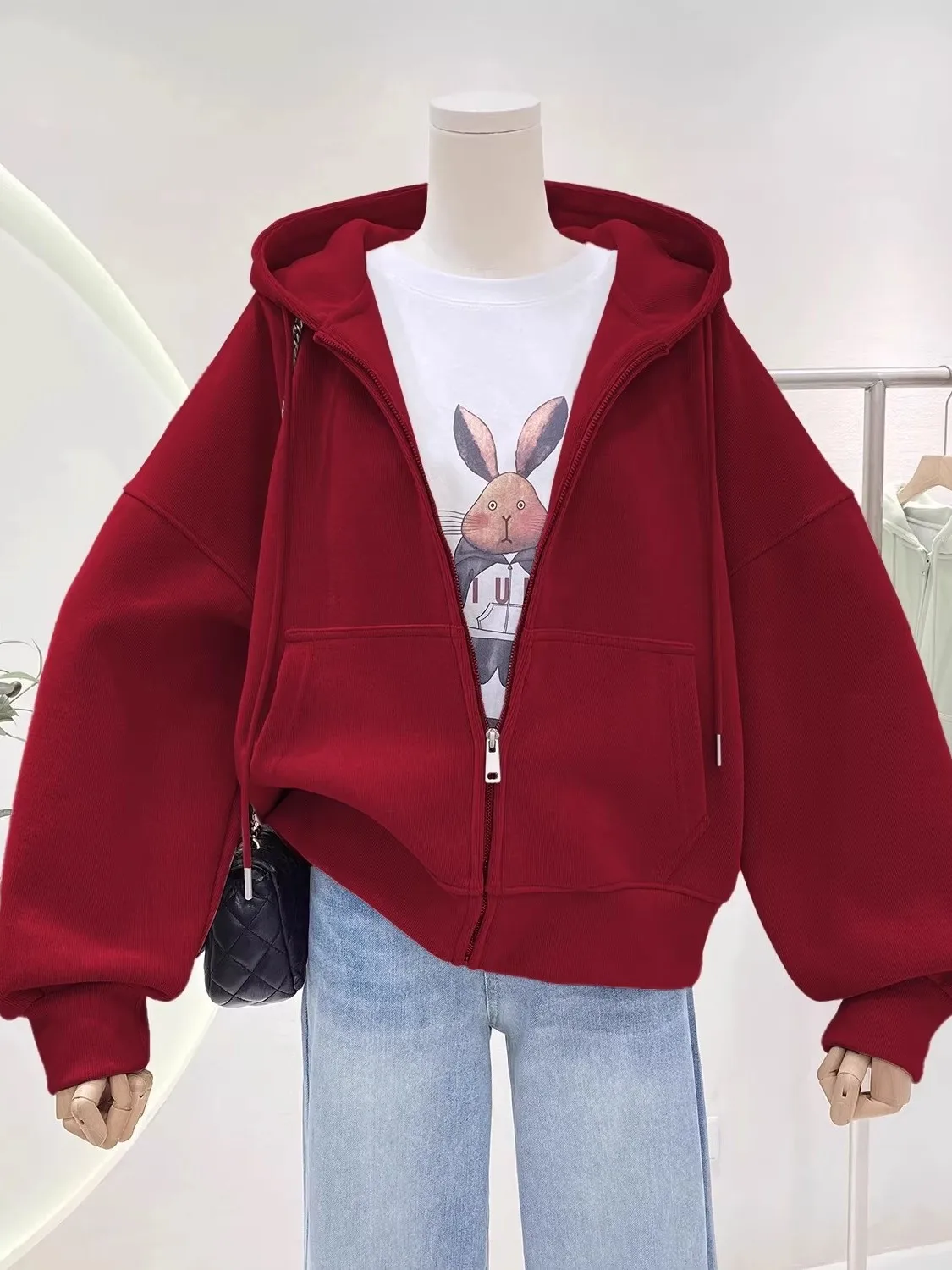 

Толстовка с капюшоном большого размера, спортивная, красная, на молнии, с флисовой подкладкой, теплая, женская, осенне-зимняя, повседневная верхняя одежда, куртка