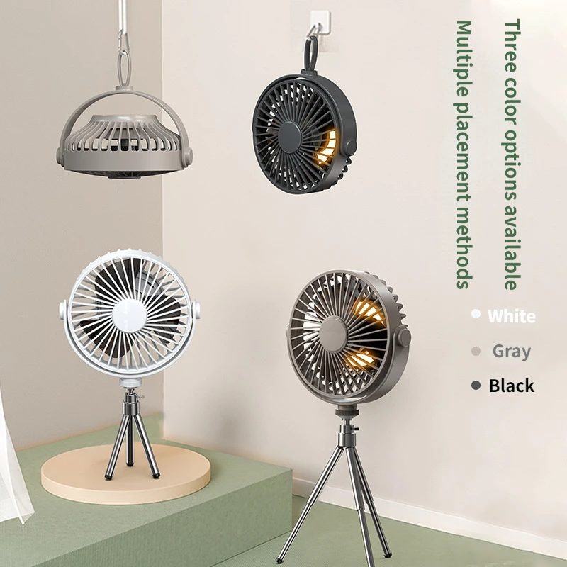 Ventilador eléctrico para acampar al aire libre, pequeño trípode portátil con carga USB, luz nocturna, inalámbrico, para verano