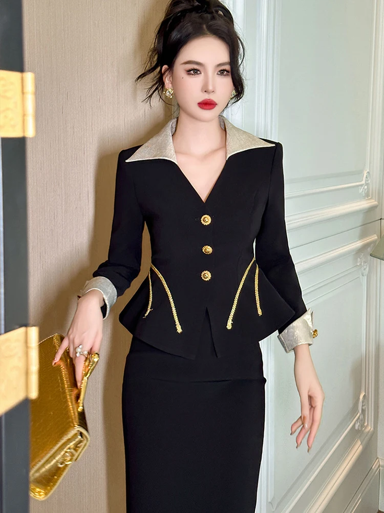 Fashion Elegant 2 Pieces Sets Women Black Gold Contrast Suit Jacket OL Coat Split Midi Skirt Office Lady Business Outfits Spring