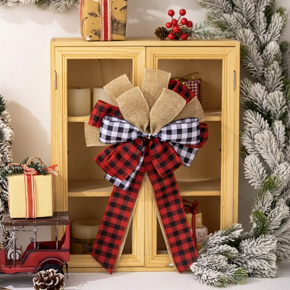 2pcs Elegant Christmas Plaid Bowknot Set Rustic Handmade Ribbon Bowknot Decorations DIY Christmas Wreaths Bow Party Favors