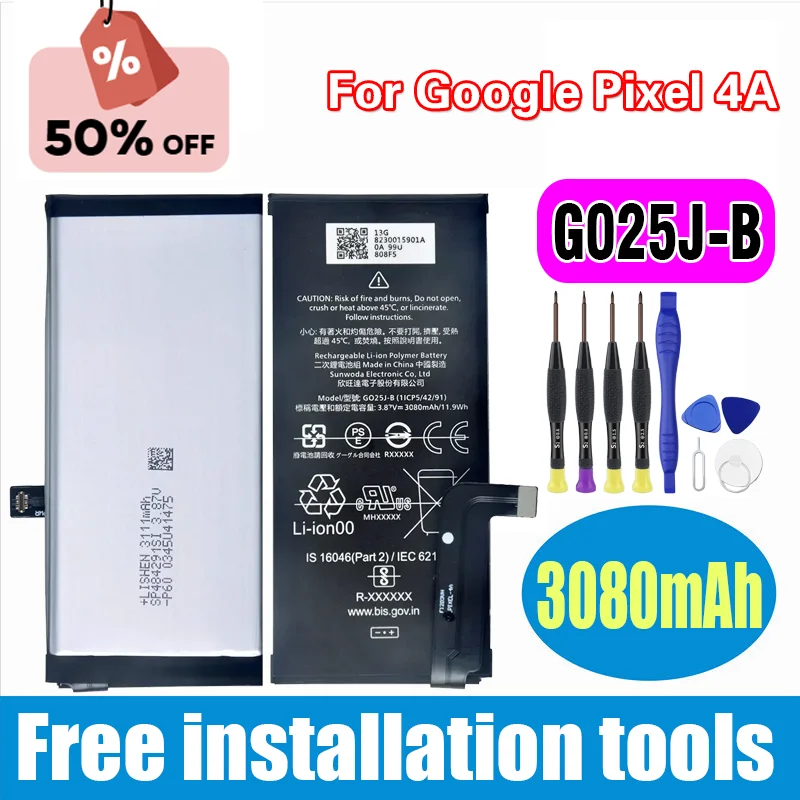 

G025J-B Сменный аккумулятор емкостью 3080 мАч для Google Pixel 4A Pixel4A, оригинальные аккумуляторы для телефонов последнего производства + инструменты