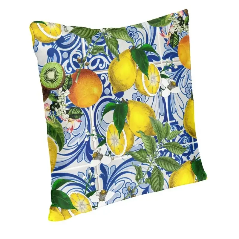 Mediterranean Lemon On Blue Ceramic Tiles Pillow Case Home Decorative Summer Citrus Fruit Cushions Cover For Sofa Pillowcase