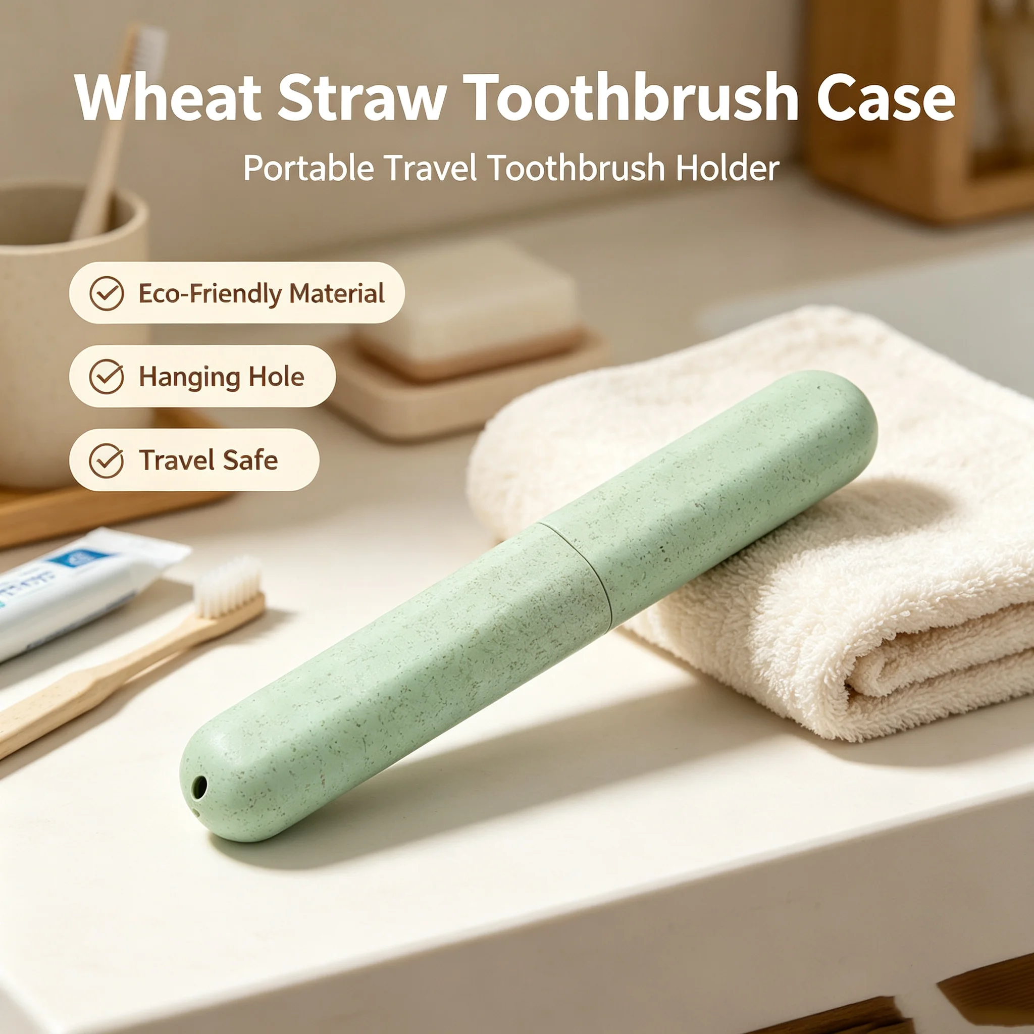Portable Wheat Straw Toothbrush Box Eco‑Friendly Material, Travel Toiletry Storage, Ventilated Design