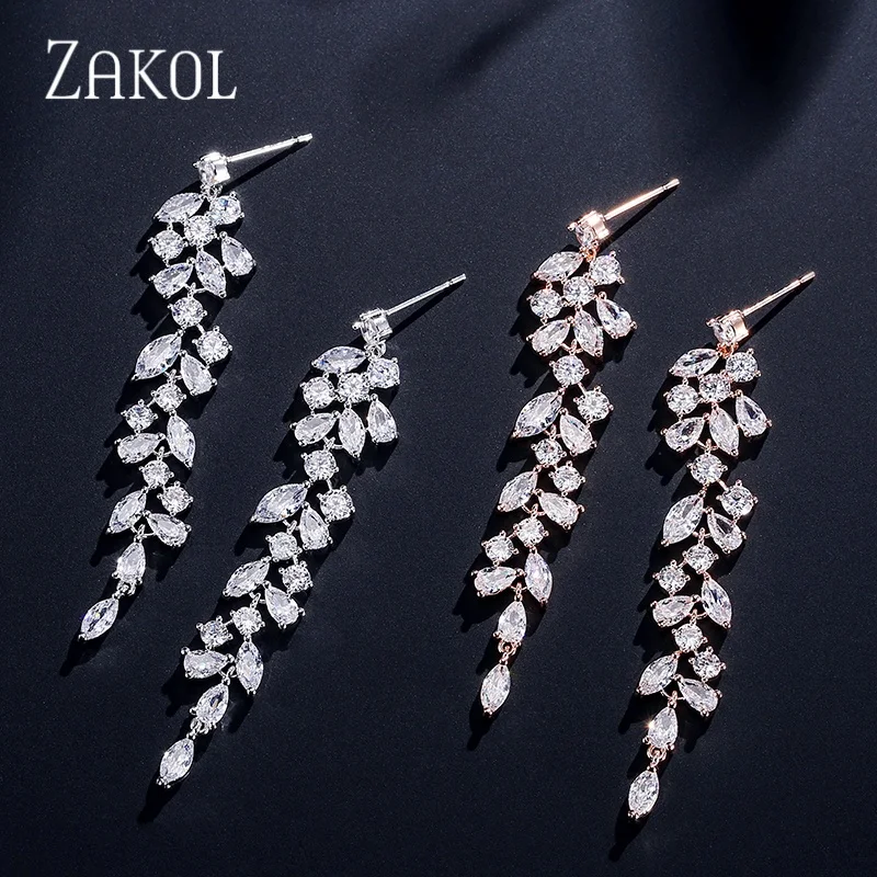 

ZAKOL Fashion Cubic Zirconia Leaf Long Dangle Earrings for Women White Leaves Drop Earring Bridal Wedding Jewelry Gifts
