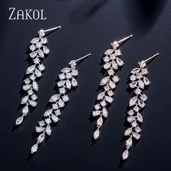 ZAKOL Fashion Cubic Zirconia Leaf Long Dangle Earrings for Women White Leaves Drop Earring Bridal Wedding Jewelry Gifts